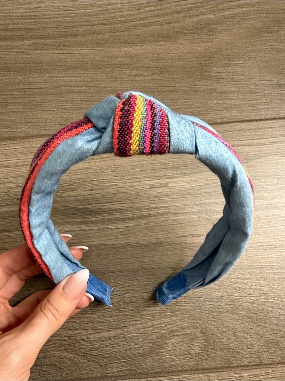Light Blue Fabric Headband with Multicolor Knotted Accent